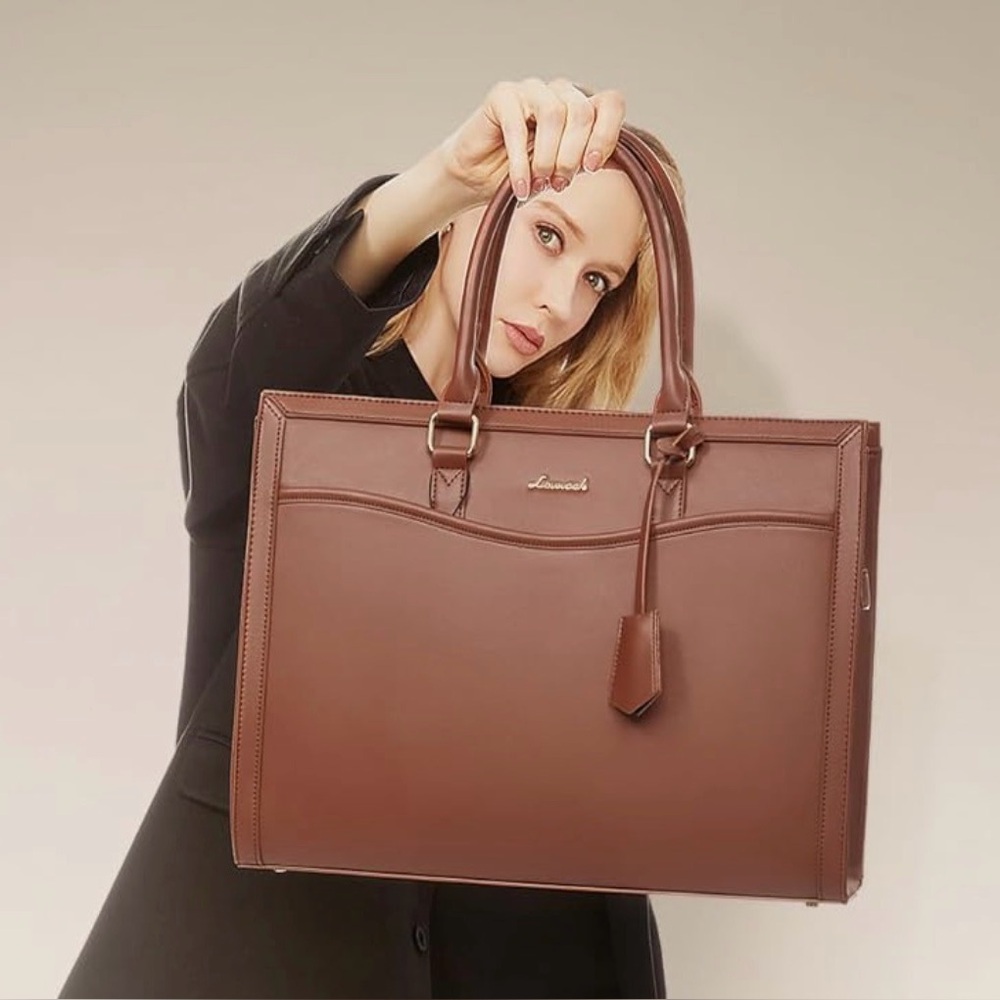 Cognac Structured Leather Laptop Tote Work Bag Gold Hardware